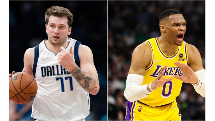 Luka Doncic of Dallas Mavericks and Russell Westbrook of Los Angeles Lakers