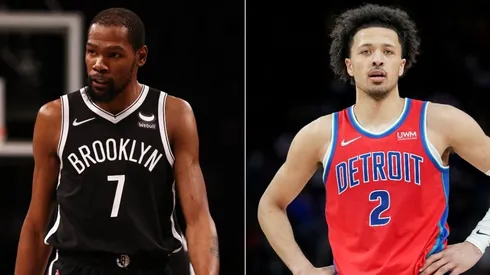 Kevin Durant of the Brooklyn Nets and Cade Cunningham of the Detroit Pistons