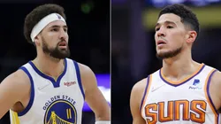 Klay Thompson of the Golden State Warriors and Devin Booker of the Phoenix Suns