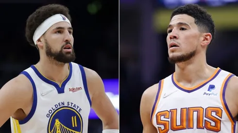 Klay Thompson of the Golden State Warriors and Devin Booker of the Phoenix Suns