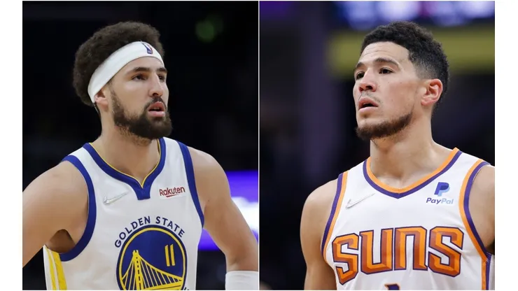 Klay Thompson of the Golden State Warriors and Devin Booker of the Phoenix Suns
