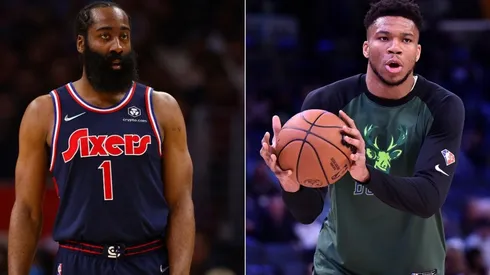 James Harden of the Philadelphia 76ers and Giannis Antetokounmpo of the Milwaukee Bucks