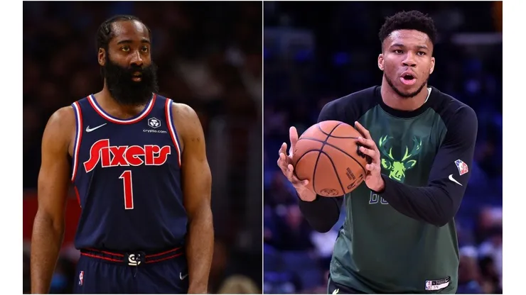 James Harden of the Philadelphia 76ers and Giannis Antetokounmpo of the Milwaukee Bucks