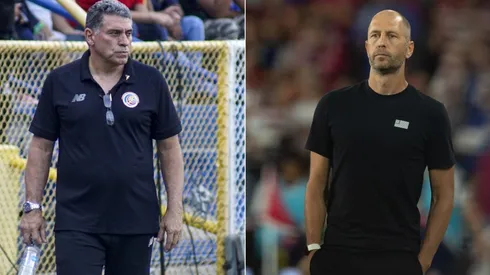 Luis Suarez of Costa Rica (left) Gregg Berhlater of the USA