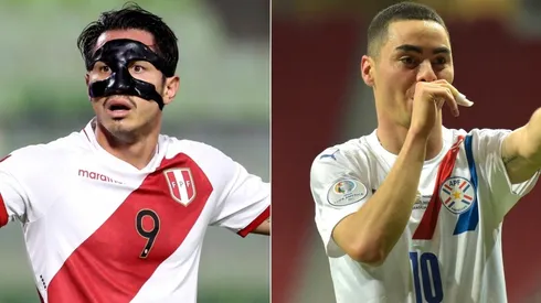 Gianluca Lapadula of Perú and Miguel Almiron of Paraguay