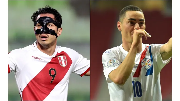 Gianluca Lapadula of Perú and Miguel Almiron of Paraguay