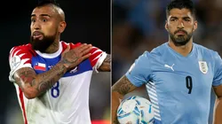 Arturo Vidal of Chile and Luis Suarez of Uruguay