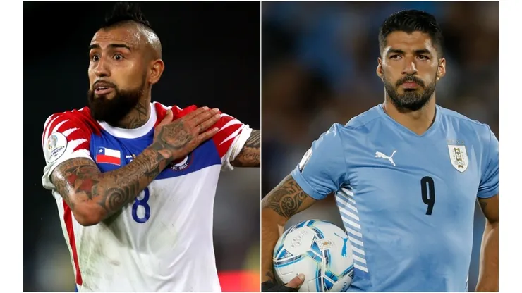 Arturo Vidal of Chile and Luis Suarez of Uruguay