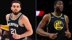 Tyus Jones of the Memphis Grizzlies and Draymond Green of the Golden State Warriors
