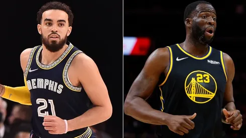 Tyus Jones of the Memphis Grizzlies and Draymond Green of the Golden State Warriors