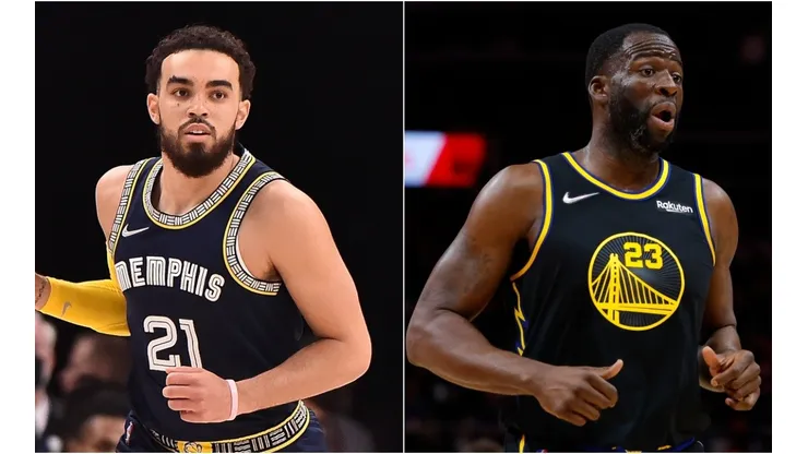 Tyus Jones of the Memphis Grizzlies and Draymond Green of the Golden State Warriors