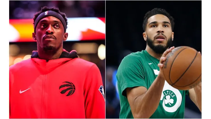 Pascal Siakam of the Toronto Raptors and Jayson Tatum of the Boston Celtics