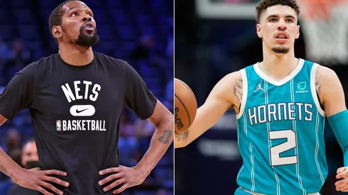 Kevin Durant of the Brooklyn Nets and LaMelo Ball of the Charlotte Hornets