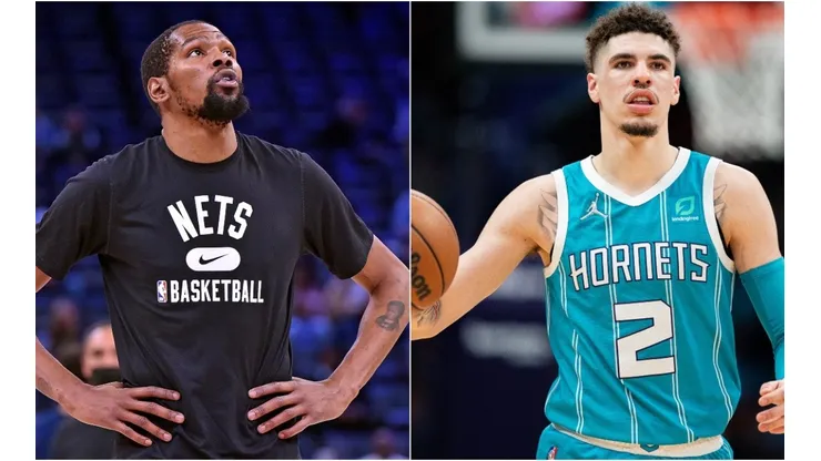 Kevin Durant of the Brooklyn Nets and LaMelo Ball of the Charlotte Hornets
