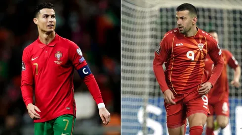 Cristiano Ronaldo of Portugal (left) and Aleksandar Trajkovski of North Macedonia