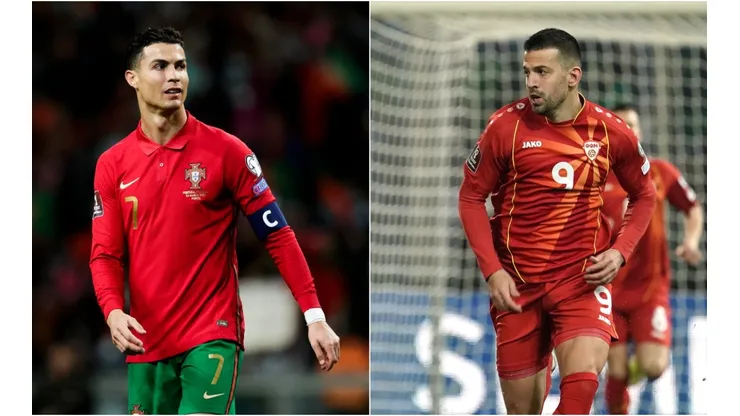 Cristiano Ronaldo of Portugal (left) and Aleksandar Trajkovski of North Macedonia