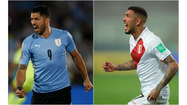 Luis Suarez of Uruguay (left) and Sergio Peña of Peru