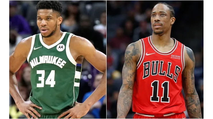 Giannis Antetokounmpo of the Milwaukee Bucks and DeMar DeRozan of the Chicago Bulls