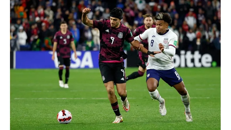 Raul Jimenez #9 of Mexico and Weston McKennie #8 of the United States