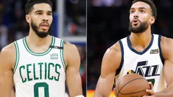Jayson Tatum of the Boston Celtics and Rudy Gobert of the Utah Jazz
