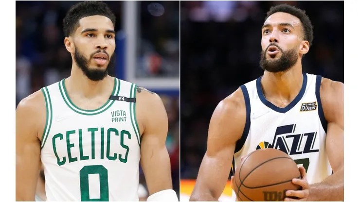 Jayson Tatum of the Boston Celtics and Rudy Gobert of the Utah Jazz