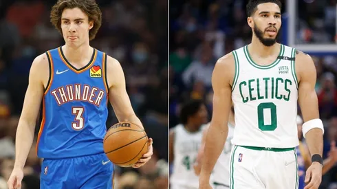 Josh Giddey of the Oklahoma City Thunder and Jayson Tatum of the Boston Celtics