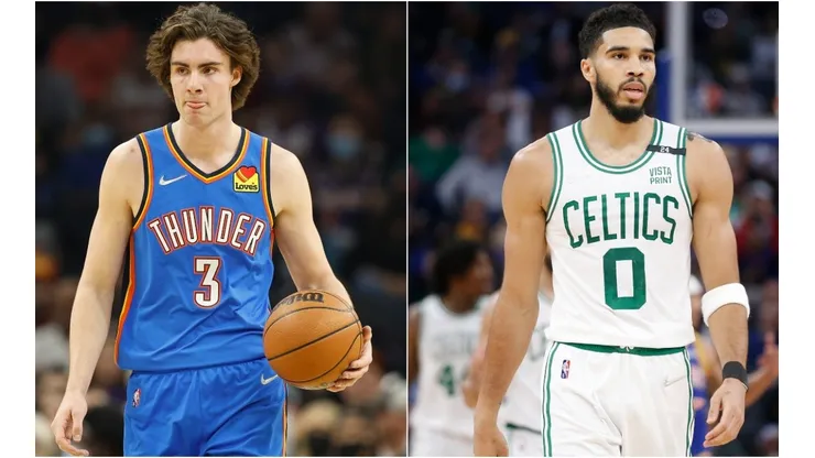Josh Giddey of the Oklahoma City Thunder and Jayson Tatum of the Boston Celtics