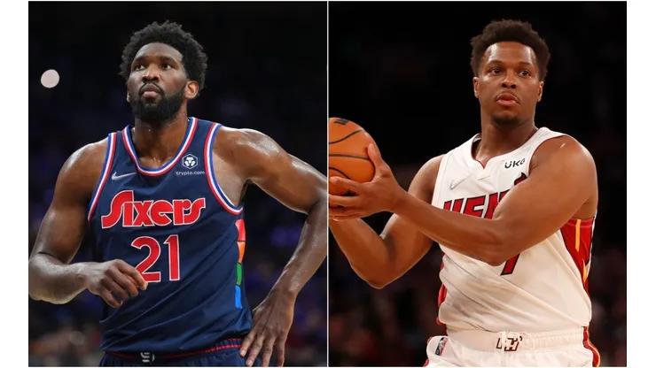 Joel Embiid of the Philadelphia 76ers and Kyle Lowry of the Miami Heat