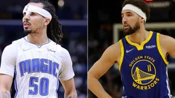 Cole Anthony of the Orlando Magic and Klay Thompson of Golden State Warriors