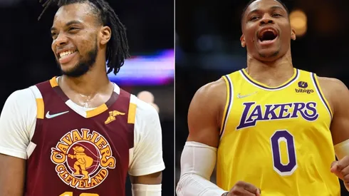 Darius Garland of the Cleveland Cavaliers and Russell Westbrook of the Los Angeles Lakers