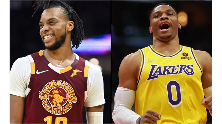 Darius Garland of the Cleveland Cavaliers and Russell Westbrook of the Los Angeles Lakers