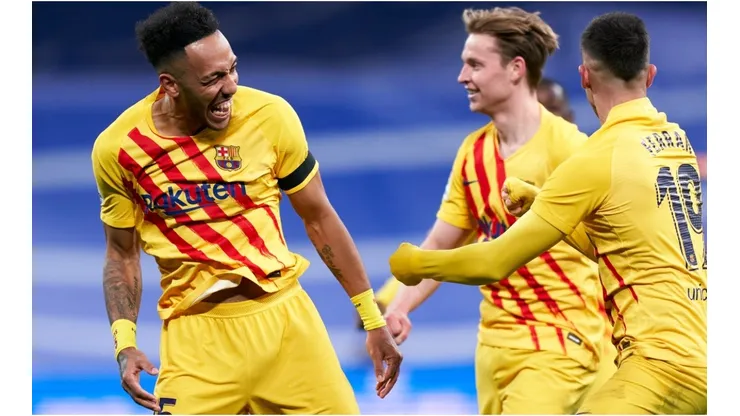 Pierre-Emerick Aubameyang of FC Barcelona celebrates after scoring his team's fourth goal