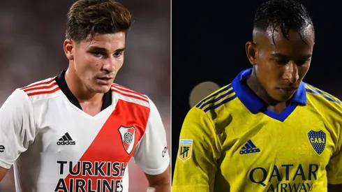 Julian Alvarez of River Plate and Sebastian Villa of Boca Juniors