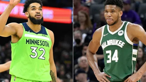 Karl-Anthony Towns of the Minnesota Timberwolves and Giannis Antetokounmpo of the Milwaukee Bucks