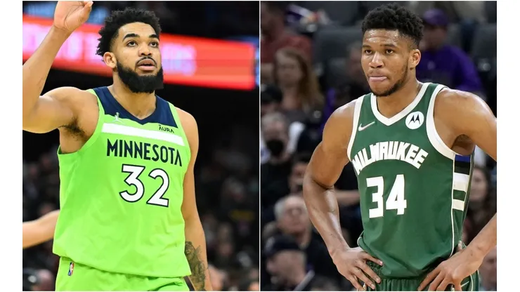 Karl-Anthony Towns of the Minnesota Timberwolves and Giannis Antetokounmpo of the Milwaukee Bucks
