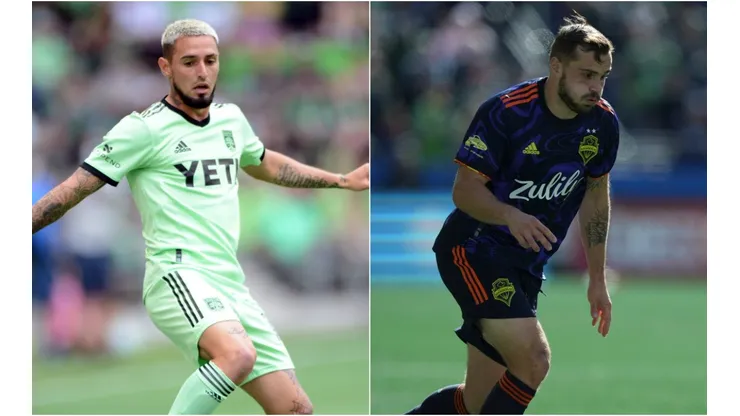 Austin FC midfielder Diego Fagundez (left) and Seattle Sounders forward Jordan Morris