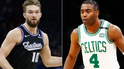 Domantas Sabonis of the Sacramento Kings and Kelan Martin of the Boston Celtics