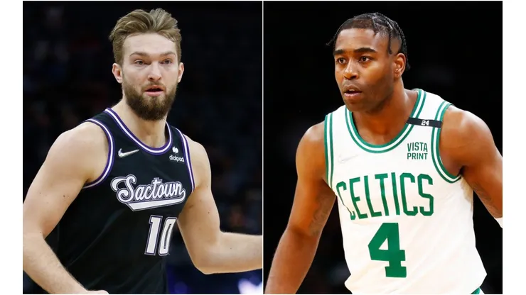 Domantas Sabonis of the Sacramento Kings and Kelan Martin of the Boston Celtics