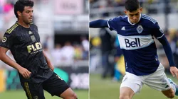 Carlos Vela of LAFC (left) and Vancouver Whitecaps FC defender Cristian Gutiérrez