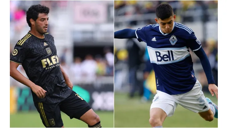 Carlos Vela of LAFC (left) and Vancouver Whitecaps FC defender Cristian Gutiérrez