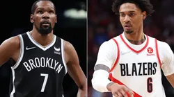 Kevin Durant of the Brooklyn Nets and Keon Johnson of the Portland Trail Blazers