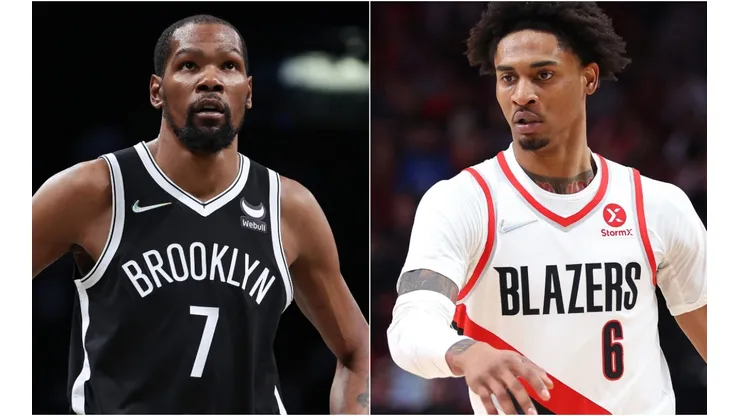 Kevin Durant of the Brooklyn Nets and Keon Johnson of the Portland Trail Blazers
