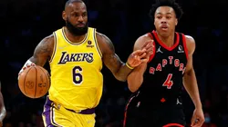 LeBron James of the Los Angeles Lakers and Scottie Barnes of the Toronto Raptors