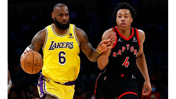 LeBron James of the Los Angeles Lakers and Scottie Barnes of the Toronto Raptors