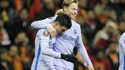 Pedri and Frenkie de Jong celebrate during Barcelona's win over Galatasaray.