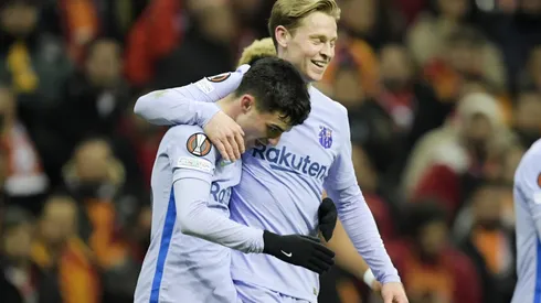 Pedri and Frenkie de Jong celebrate during Barcelona's win over Galatasaray.