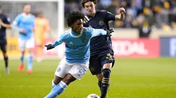 Philadelphia Union Midfielder Paxten Aaronson (30) and New York City FC Forward Talles Magno (43)