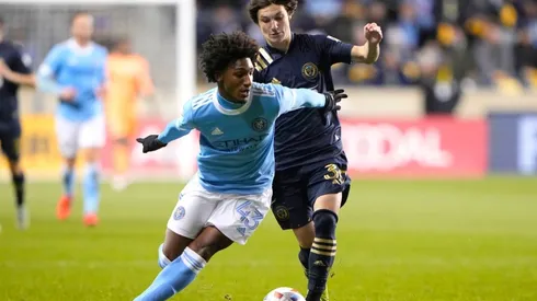 Philadelphia Union Midfielder Paxten Aaronson (30) and New York City FC Forward Talles Magno (43)