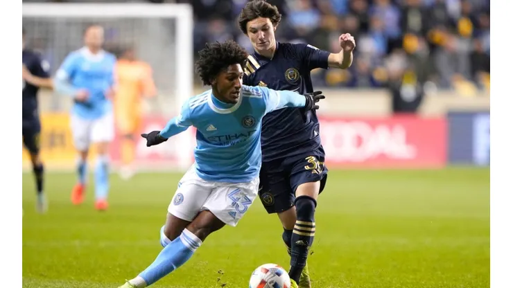 Philadelphia Union Midfielder Paxten Aaronson (30) and New York City FC Forward Talles Magno (43)