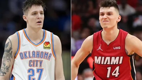 Vit Krejci of the Oklahoma City Thunder and Tyler Herro of the Miami Heat